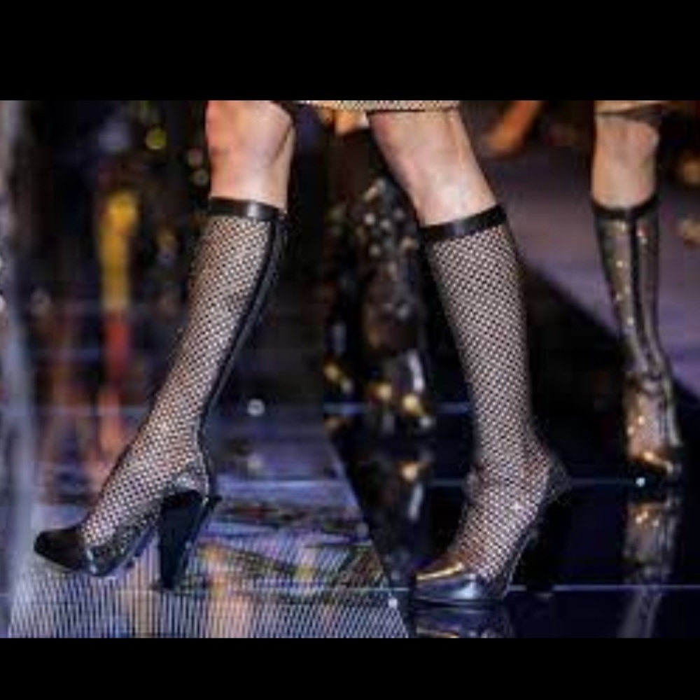 Versace Black Leather And Mesh Pointed Toe Knee Length Boots